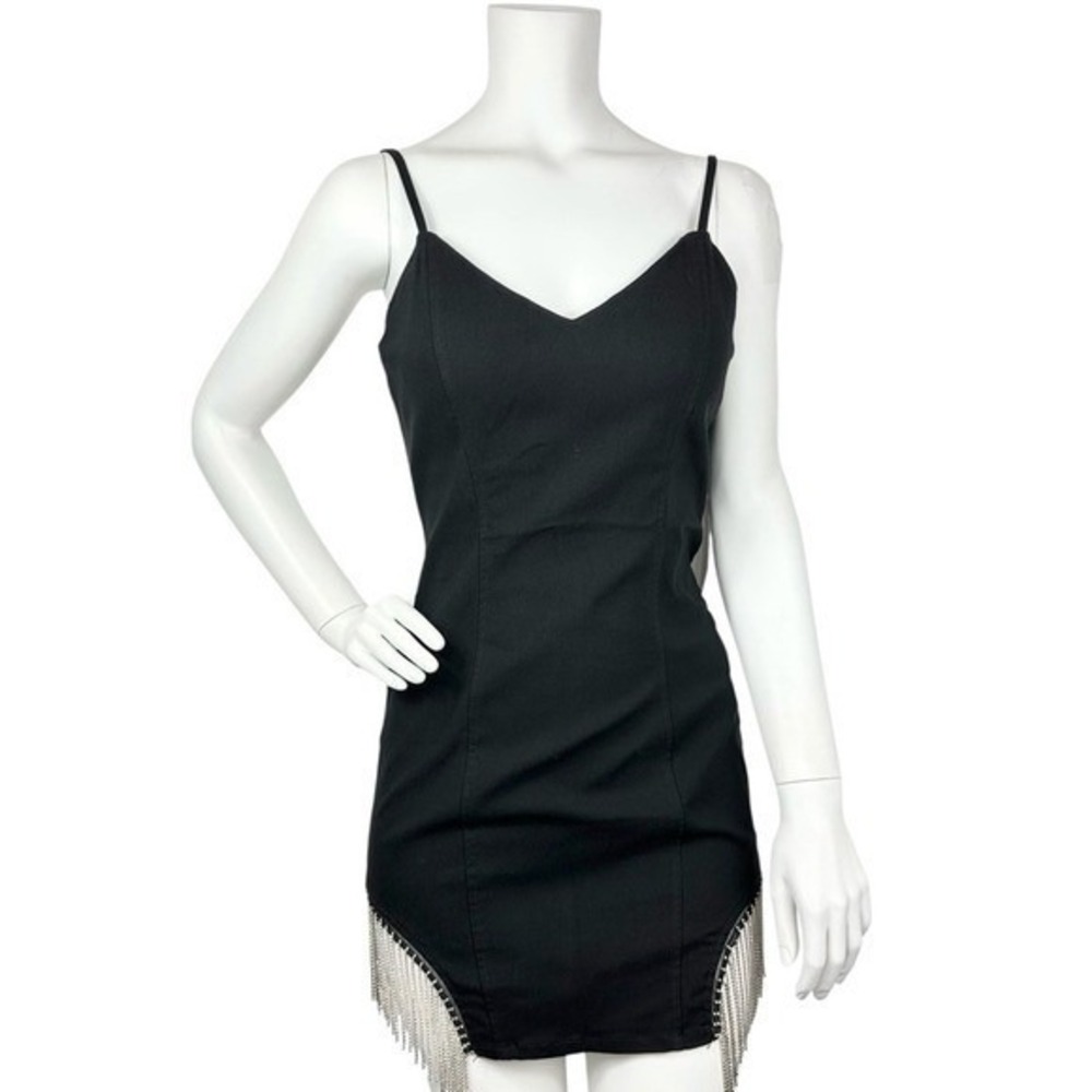 Rhinestone Fringe Mini‎ Dress XL Black Festival Y2K Western Goth Stagecoach